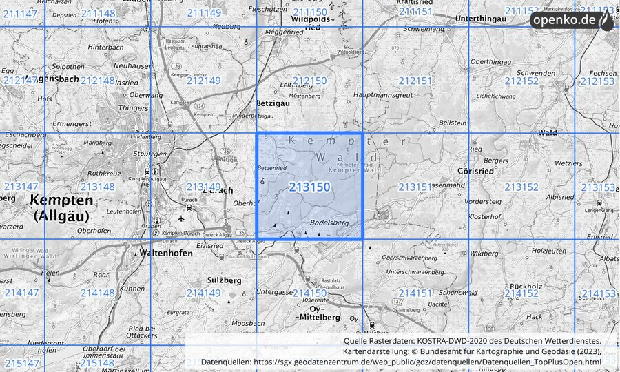 Übersichtskarte des KOSTRA-DWD-2020-Rasterfeldes Nr. 213150