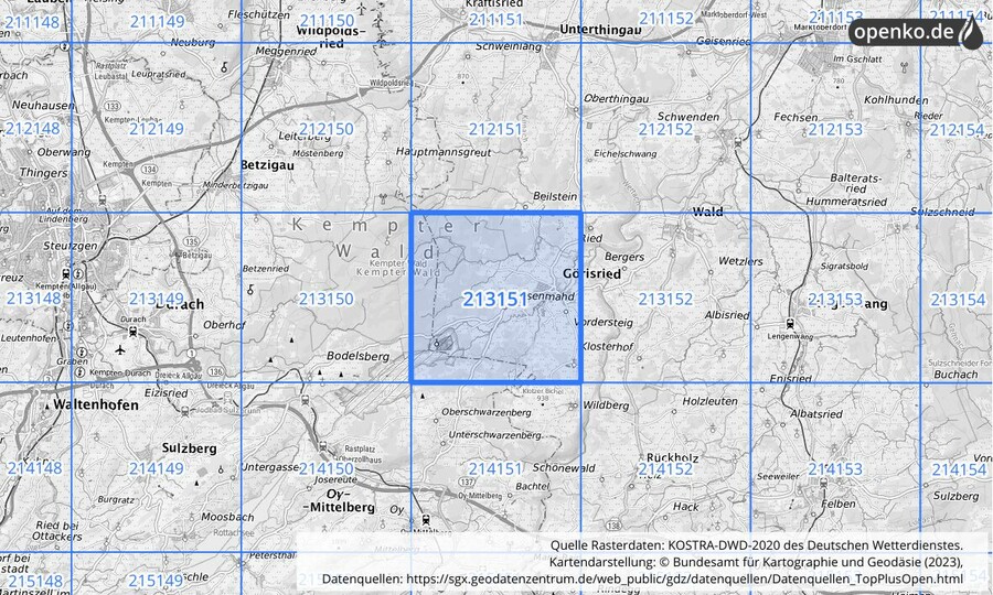 Übersichtskarte des KOSTRA-DWD-2020-Rasterfeldes Nr. 213151