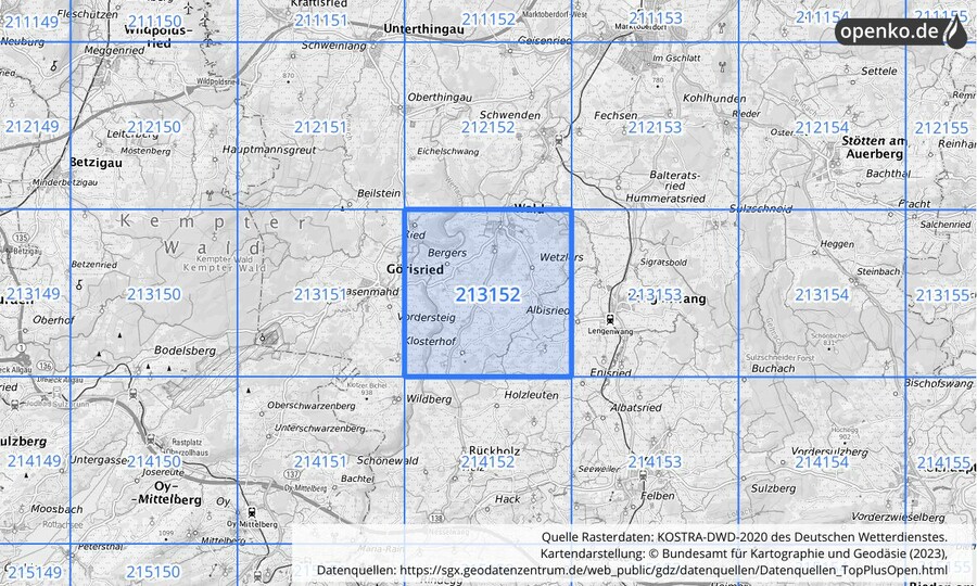 Übersichtskarte des KOSTRA-DWD-2020-Rasterfeldes Nr. 213152