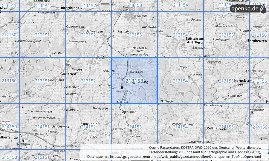 Übersichtskarte des KOSTRA-DWD-2020-Rasterfeldes Nr. 213153