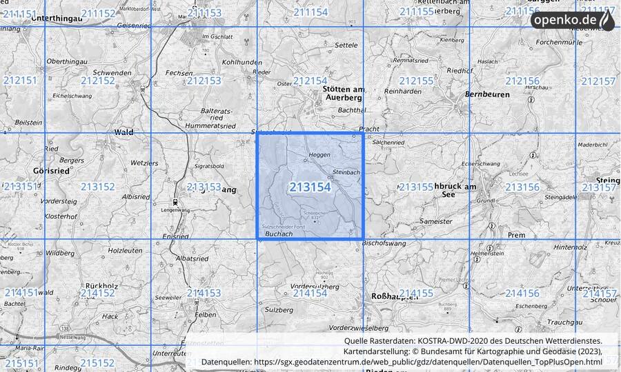 Übersichtskarte des KOSTRA-DWD-2020-Rasterfeldes Nr. 213154
