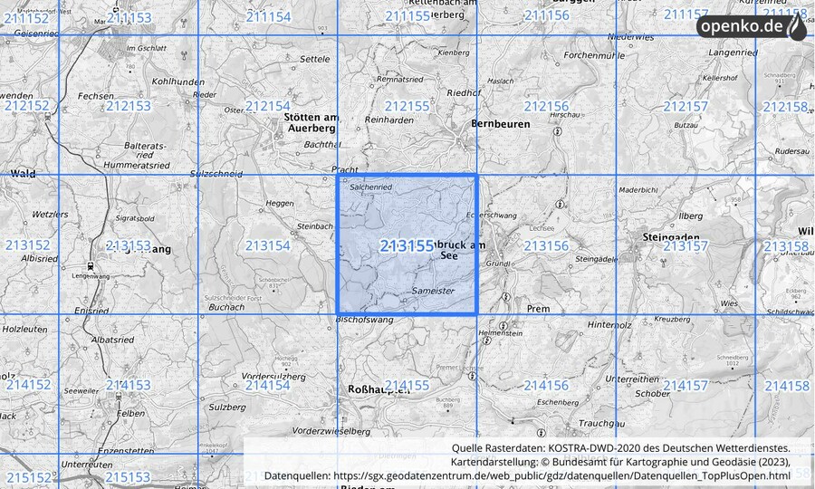 Übersichtskarte des KOSTRA-DWD-2020-Rasterfeldes Nr. 213155
