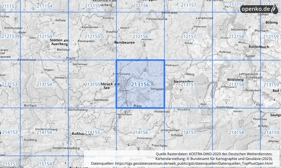 Übersichtskarte des KOSTRA-DWD-2020-Rasterfeldes Nr. 213156