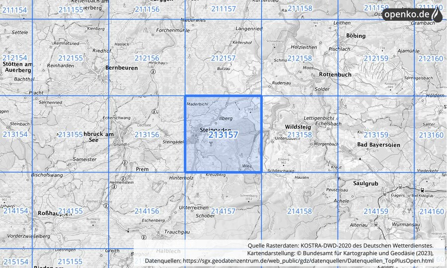 Übersichtskarte des KOSTRA-DWD-2020-Rasterfeldes Nr. 213157