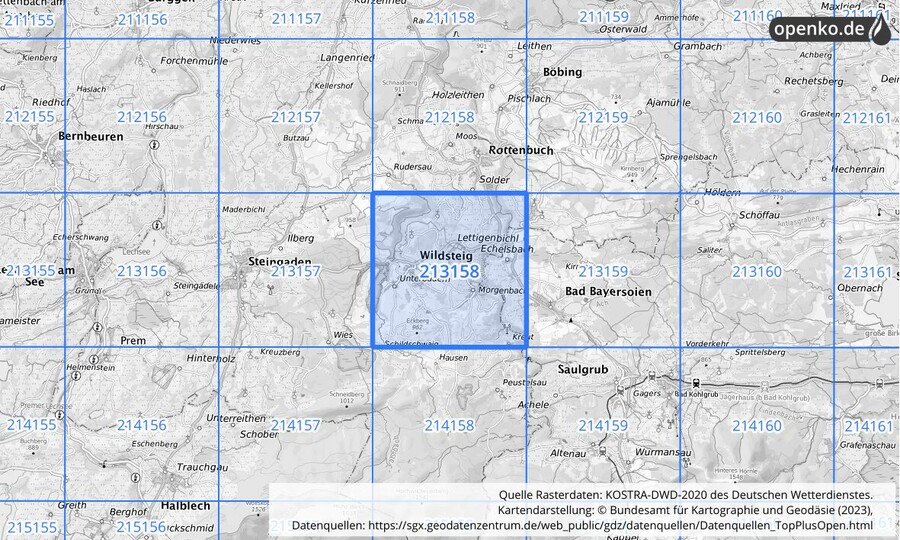 Übersichtskarte des KOSTRA-DWD-2020-Rasterfeldes Nr. 213158