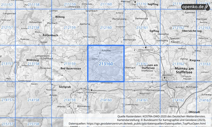 Übersichtskarte des KOSTRA-DWD-2020-Rasterfeldes Nr. 213160
