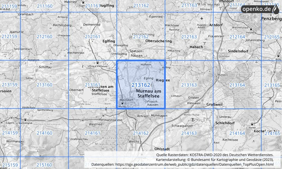 Übersichtskarte des KOSTRA-DWD-2020-Rasterfeldes Nr. 213162