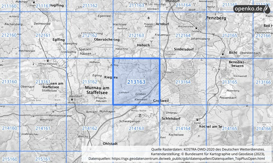 Übersichtskarte des KOSTRA-DWD-2020-Rasterfeldes Nr. 213163