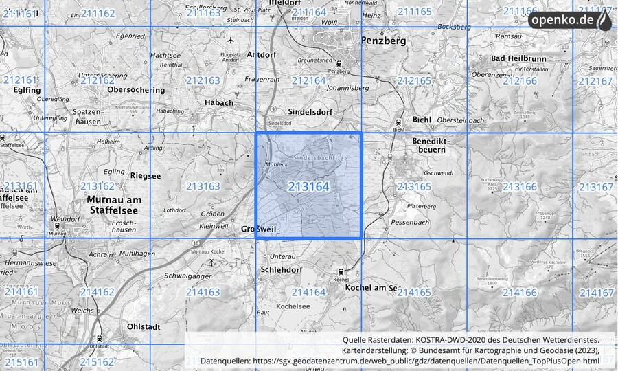 Übersichtskarte des KOSTRA-DWD-2020-Rasterfeldes Nr. 213164
