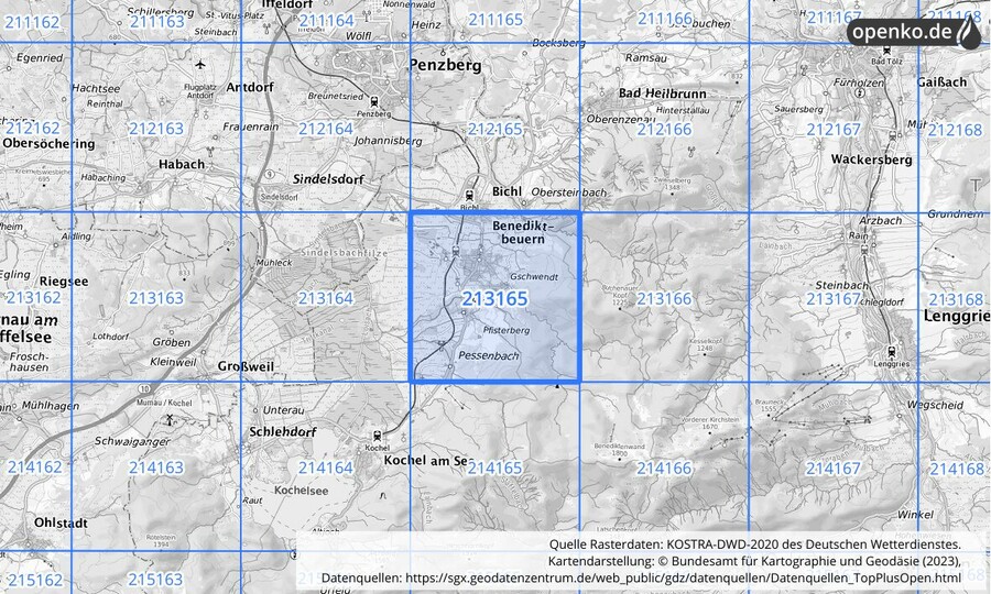 Übersichtskarte des KOSTRA-DWD-2020-Rasterfeldes Nr. 213165