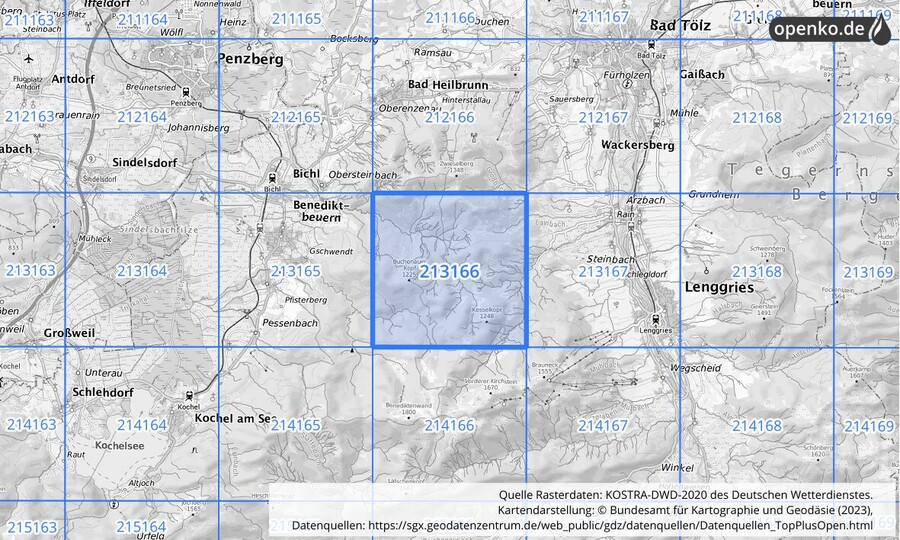 Übersichtskarte des KOSTRA-DWD-2020-Rasterfeldes Nr. 213166