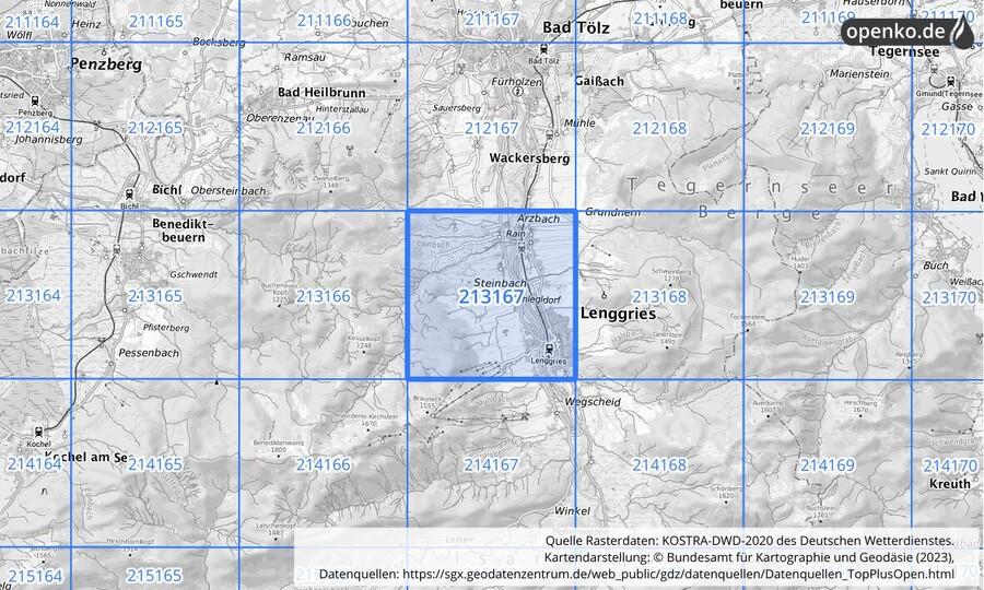 Übersichtskarte des KOSTRA-DWD-2020-Rasterfeldes Nr. 213167
