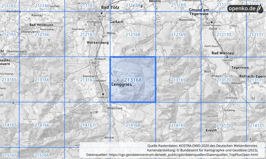 Übersichtskarte des KOSTRA-DWD-2020-Rasterfeldes Nr. 213168