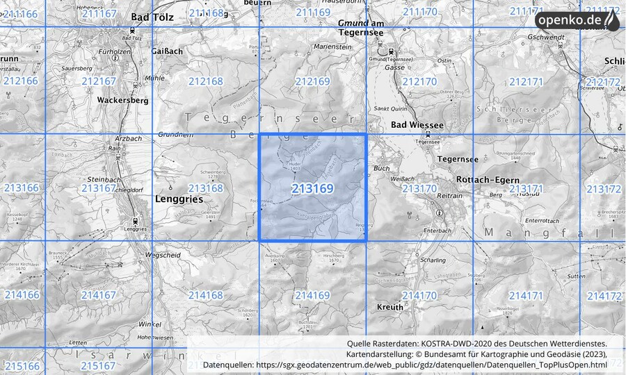 Übersichtskarte des KOSTRA-DWD-2020-Rasterfeldes Nr. 213169