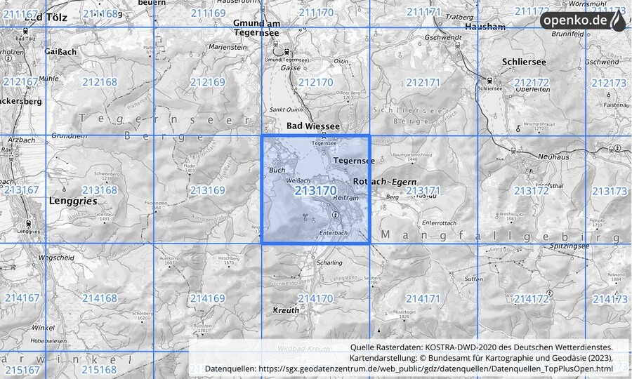 Übersichtskarte des KOSTRA-DWD-2020-Rasterfeldes Nr. 213170
