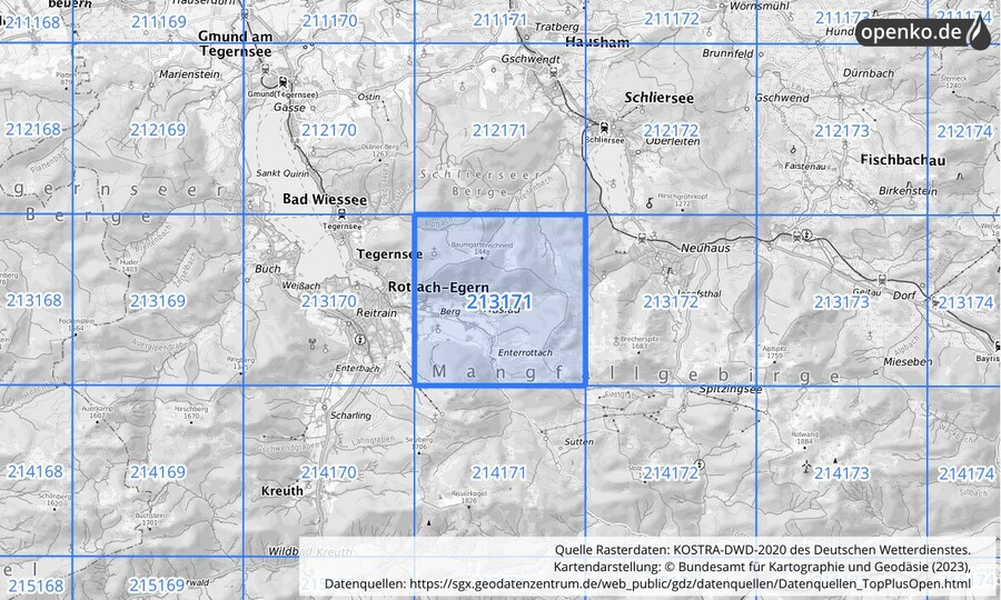 Übersichtskarte des KOSTRA-DWD-2020-Rasterfeldes Nr. 213171