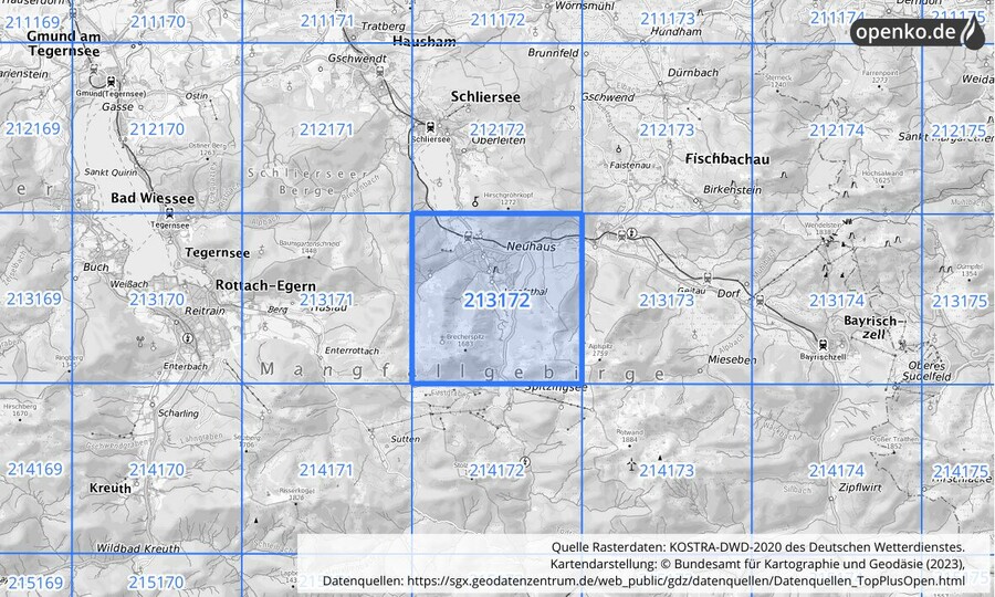 Übersichtskarte des KOSTRA-DWD-2020-Rasterfeldes Nr. 213172