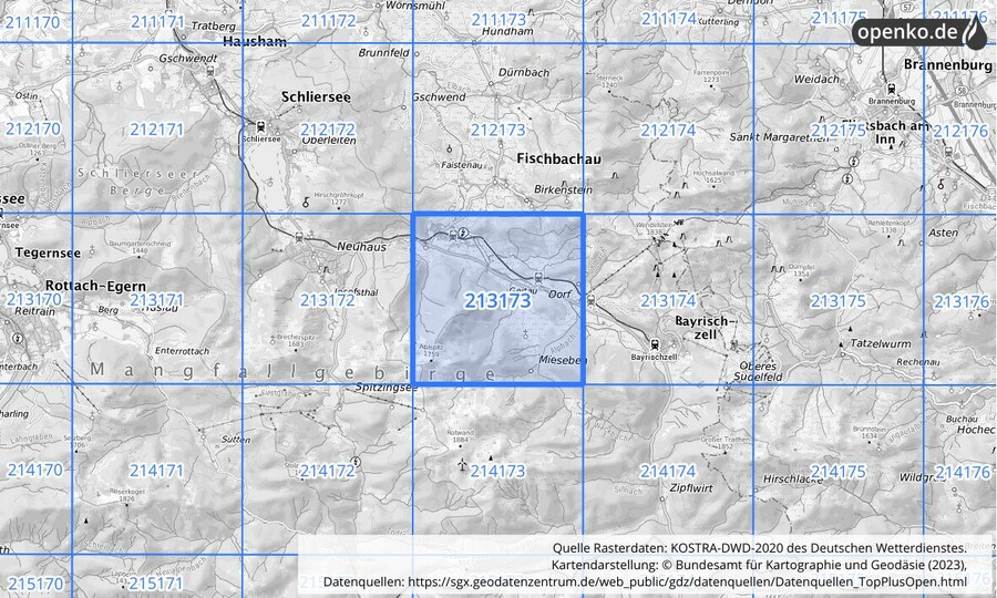 Übersichtskarte des KOSTRA-DWD-2020-Rasterfeldes Nr. 213173