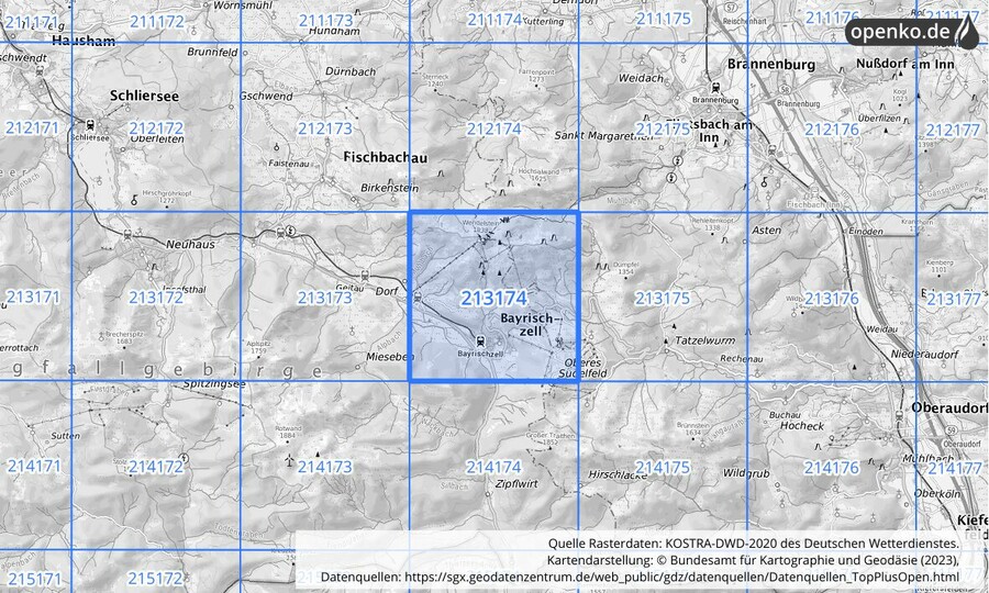 Übersichtskarte des KOSTRA-DWD-2020-Rasterfeldes Nr. 213174