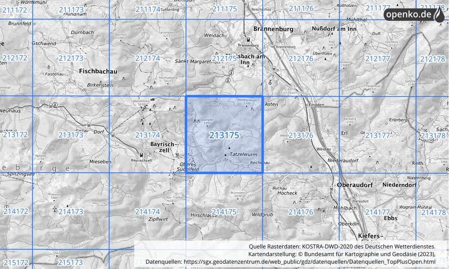 Übersichtskarte des KOSTRA-DWD-2020-Rasterfeldes Nr. 213175
