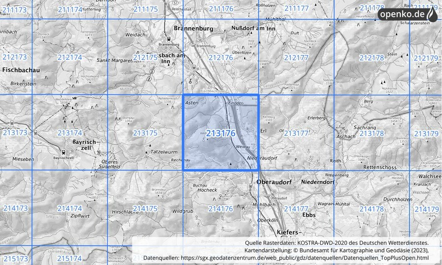 Übersichtskarte des KOSTRA-DWD-2020-Rasterfeldes Nr. 213176