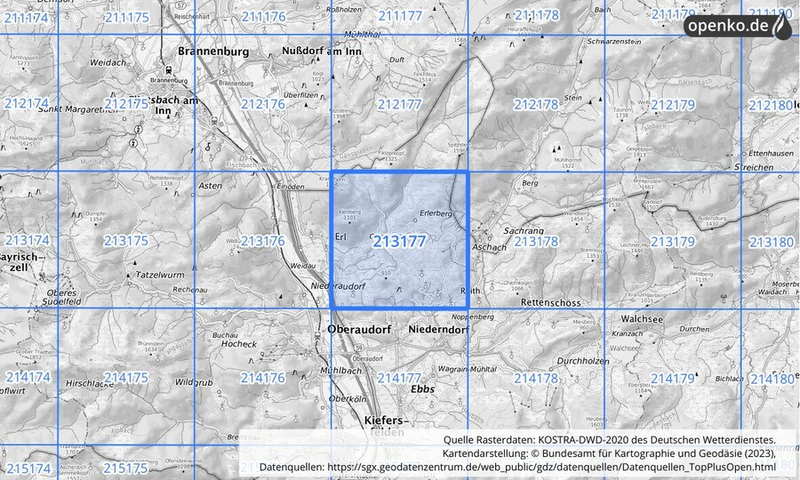 Übersichtskarte des KOSTRA-DWD-2020-Rasterfeldes Nr. 213177