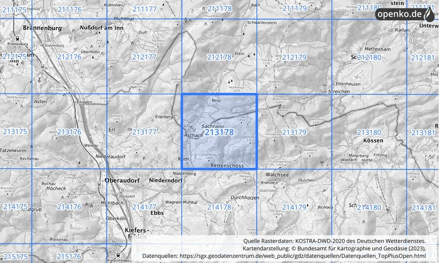 Übersichtskarte des KOSTRA-DWD-2020-Rasterfeldes Nr. 213178