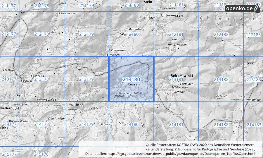 Übersichtskarte des KOSTRA-DWD-2020-Rasterfeldes Nr. 213180