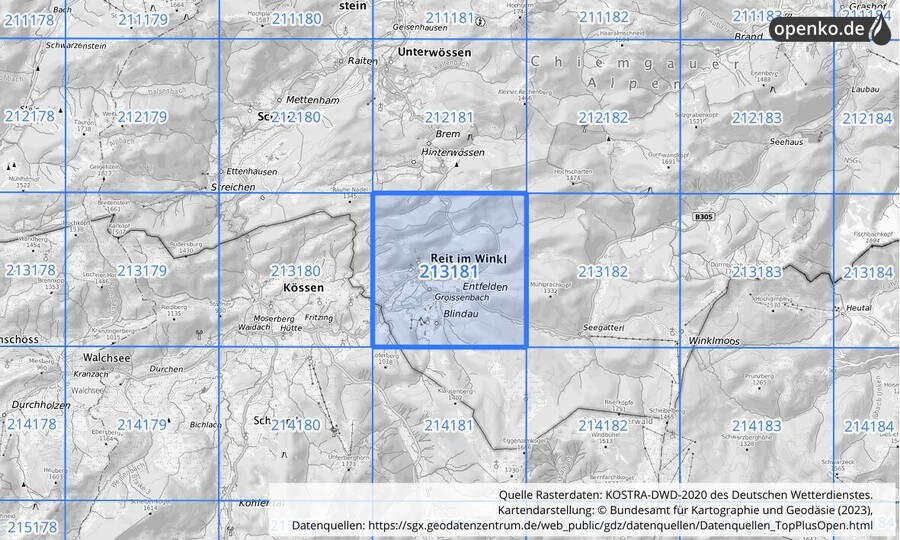 Übersichtskarte des KOSTRA-DWD-2020-Rasterfeldes Nr. 213181