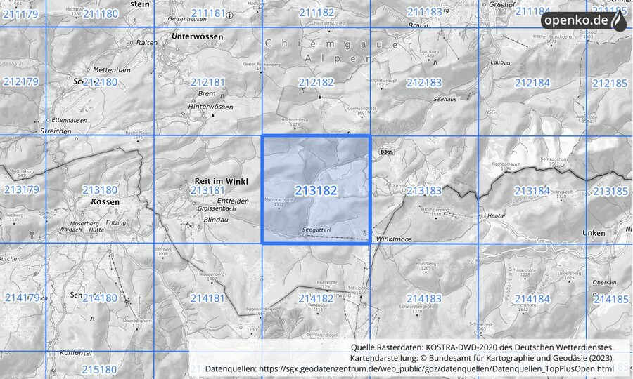 Übersichtskarte des KOSTRA-DWD-2020-Rasterfeldes Nr. 213182