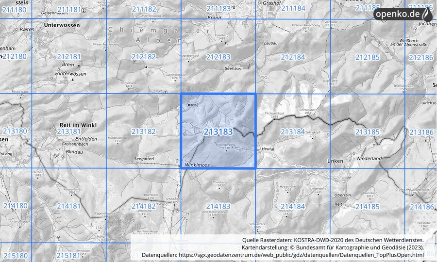 Übersichtskarte des KOSTRA-DWD-2020-Rasterfeldes Nr. 213183