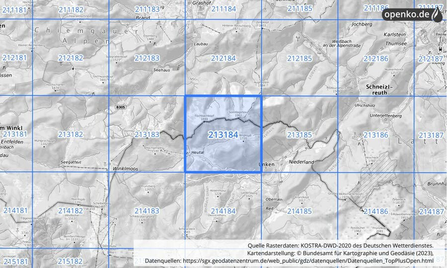 Übersichtskarte des KOSTRA-DWD-2020-Rasterfeldes Nr. 213184