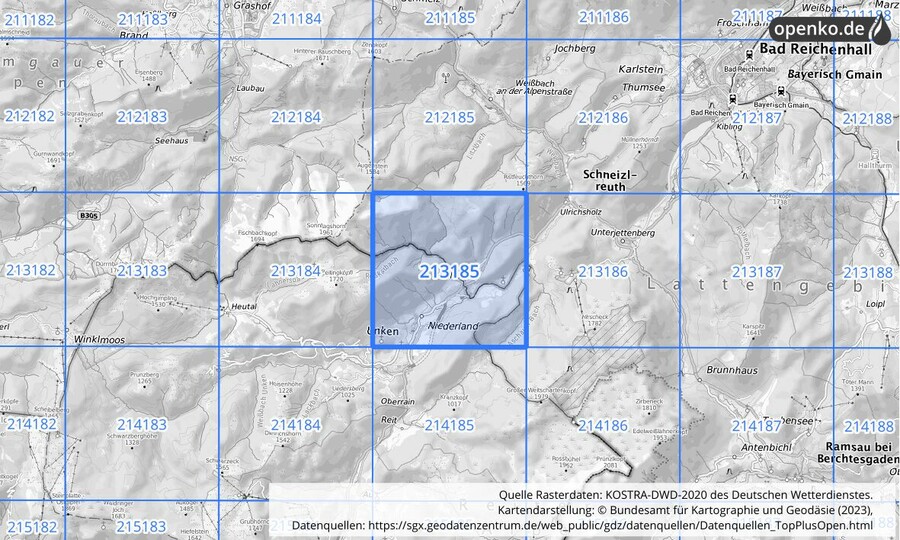 Übersichtskarte des KOSTRA-DWD-2020-Rasterfeldes Nr. 213185