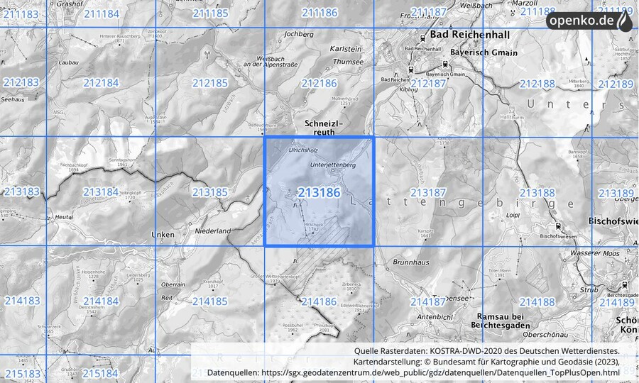 Übersichtskarte des KOSTRA-DWD-2020-Rasterfeldes Nr. 213186