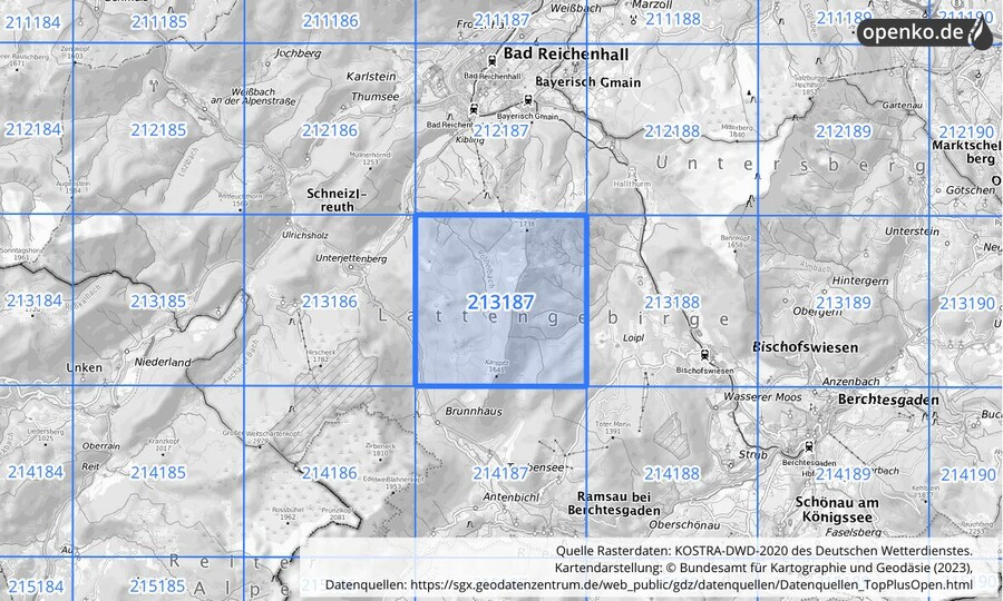 Übersichtskarte des KOSTRA-DWD-2020-Rasterfeldes Nr. 213187