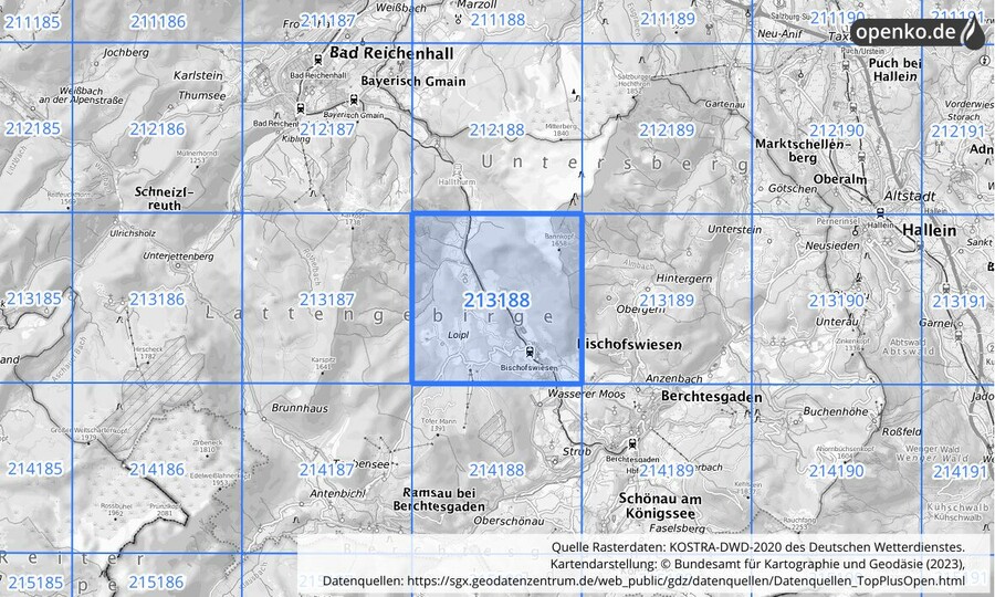 Übersichtskarte des KOSTRA-DWD-2020-Rasterfeldes Nr. 213188