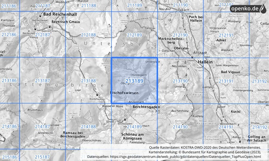 Übersichtskarte des KOSTRA-DWD-2020-Rasterfeldes Nr. 213189