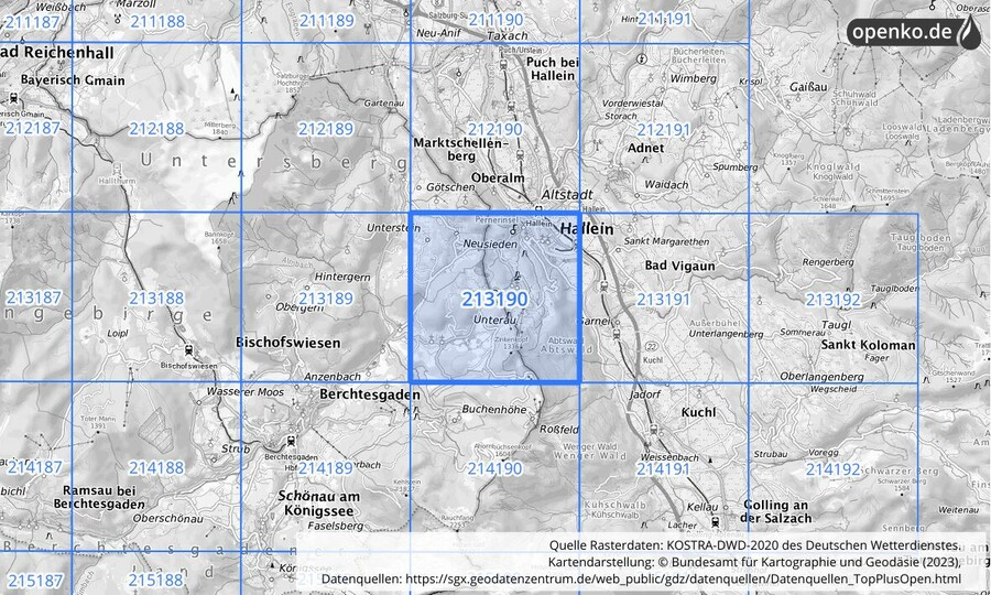 Übersichtskarte des KOSTRA-DWD-2020-Rasterfeldes Nr. 213190