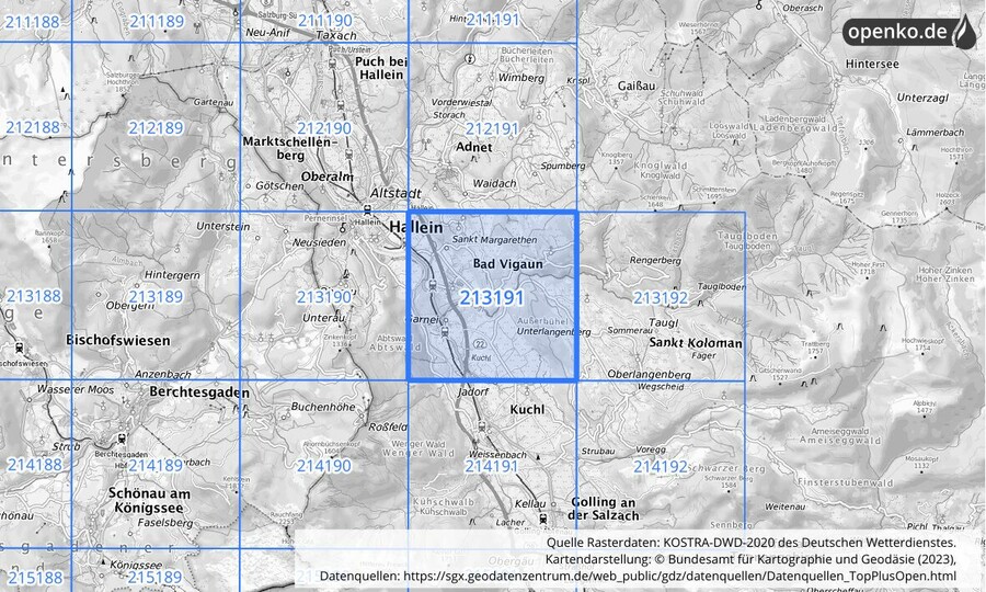 Übersichtskarte des KOSTRA-DWD-2020-Rasterfeldes Nr. 213191