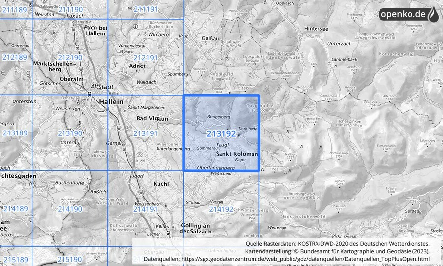 Übersichtskarte des KOSTRA-DWD-2020-Rasterfeldes Nr. 213192
