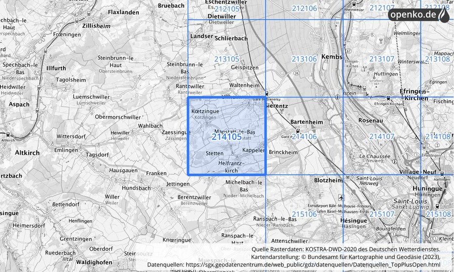 Übersichtskarte des KOSTRA-DWD-2020-Rasterfeldes Nr. 214105