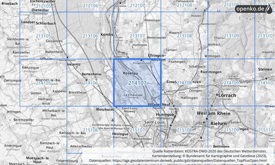 Übersichtskarte des KOSTRA-DWD-2020-Rasterfeldes Nr. 214107