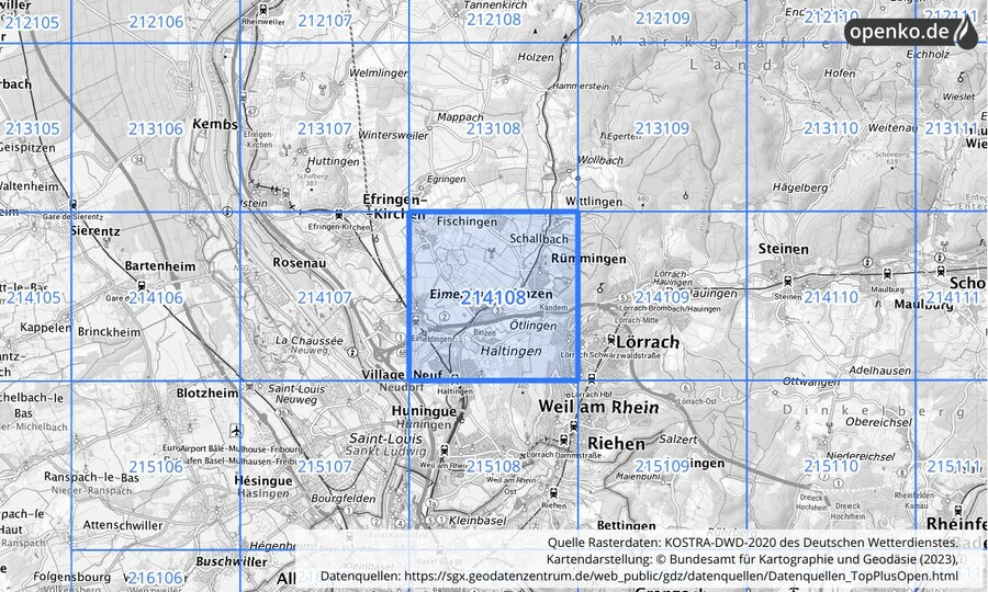 Übersichtskarte des KOSTRA-DWD-2020-Rasterfeldes Nr. 214108