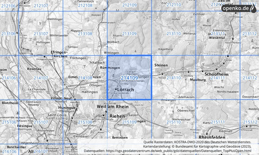 Übersichtskarte des KOSTRA-DWD-2020-Rasterfeldes Nr. 214109