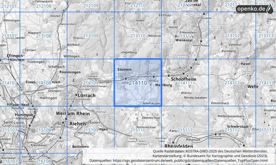 Übersichtskarte des KOSTRA-DWD-2020-Rasterfeldes Nr. 214110