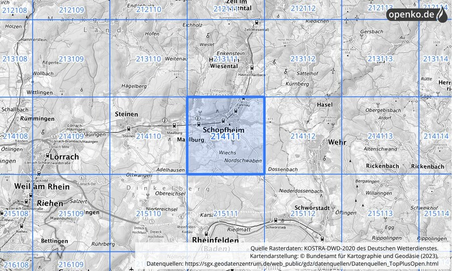 Übersichtskarte des KOSTRA-DWD-2020-Rasterfeldes Nr. 214111