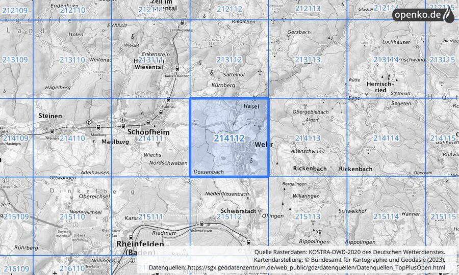 Übersichtskarte des KOSTRA-DWD-2020-Rasterfeldes Nr. 214112