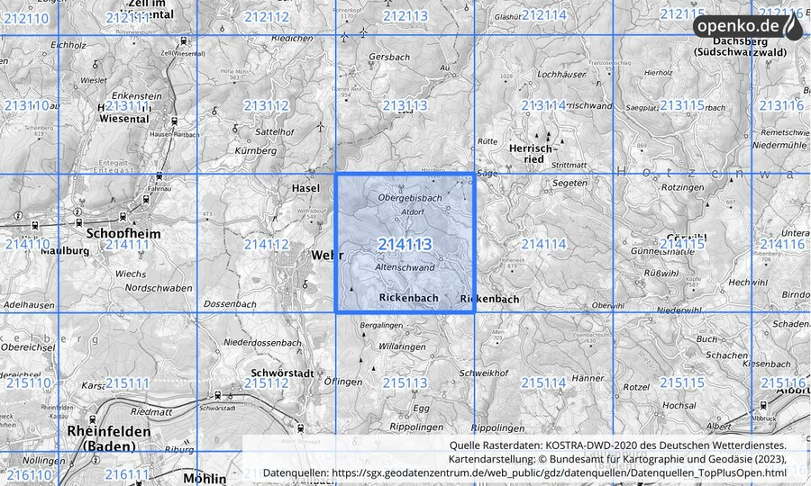 Übersichtskarte des KOSTRA-DWD-2020-Rasterfeldes Nr. 214113