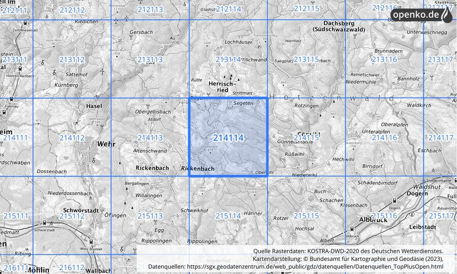 Übersichtskarte des KOSTRA-DWD-2020-Rasterfeldes Nr. 214114