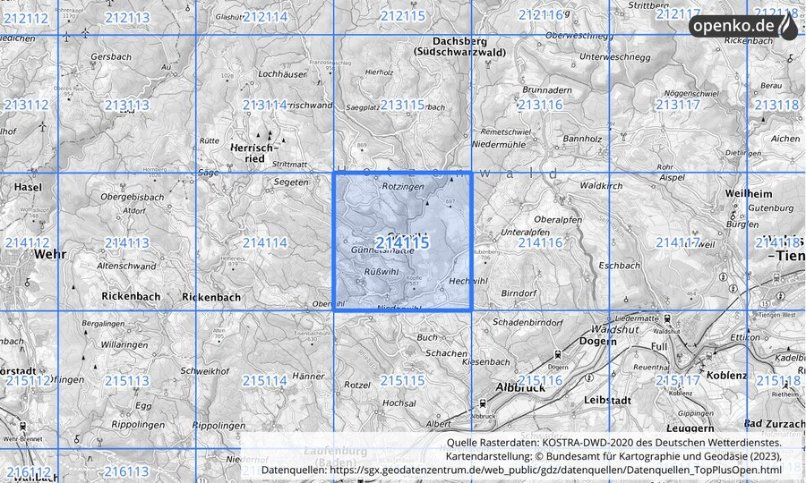 Übersichtskarte des KOSTRA-DWD-2020-Rasterfeldes Nr. 214115